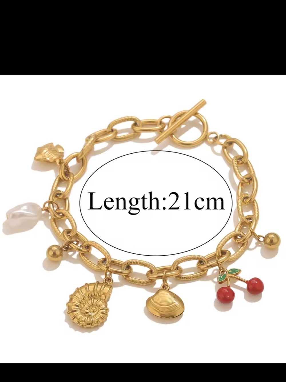 Gold Charm Bracelet with Red Cherry and Pearl Drop